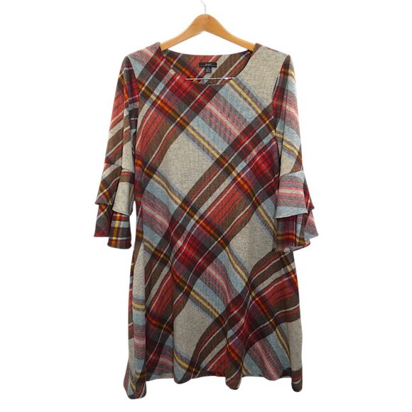 R&K Plaid Bell Sleeve Swing Dress 10 Fall Holiday Cozy Work Casual Retro - Picture 4 of 8